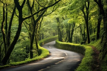Naklejka premium A winding road through a lush, green forest