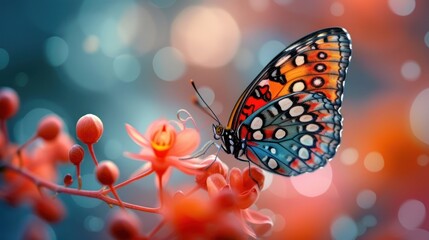 a close up of a butterfly on a flower with boke of lights in the background and a blurry background.