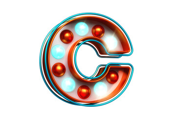 Copper 3D font letter C with blue light bulbs. High quality 3D rendering.