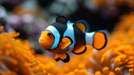 Fototapeta na wymiar a close up of a clown fish in a sea of orange sea anemone with a black and white stripe.