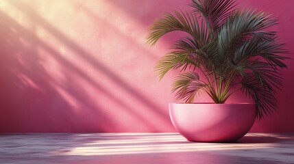 Fototapeta na wymiar 3d render mockup podium stand table shelf. Pink yellow abstract background. Palm tree leaf shadow. Nature. Yellow pink. Design beauty product cosmetics. Wall stage room studio. Design concept.