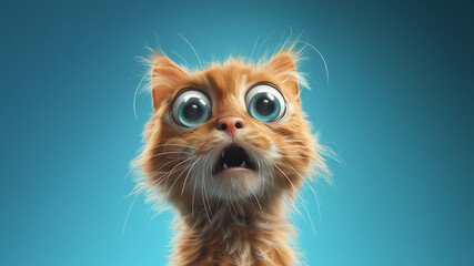 A close-up of a cat with big, wide eyes in a state of shock, fur slightly bristled, against a vibrant background.