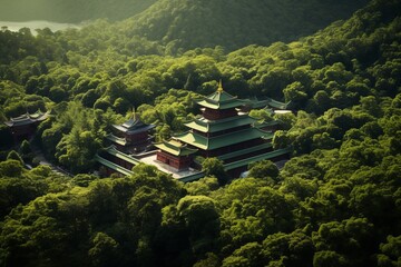 Aerial shot of a serene Buddhist temple nestled amidst lush, green mountains