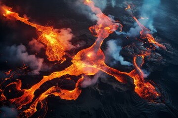 Aerial view of a dramatic volcanic landscape with lava flows