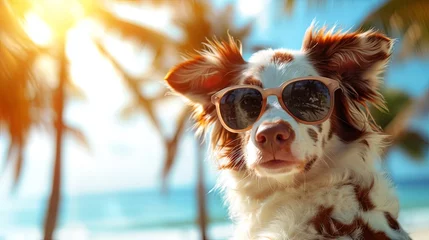 Fotobehang dog with sunglasses on the beach generative ai © Francheska