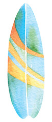 Hand drawn watercolor blue surf board.Hello summer.Water extreme sports.