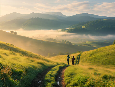 trekking, leading lines of the trail pointing towards distant rolling fog-covered hills at dawn.