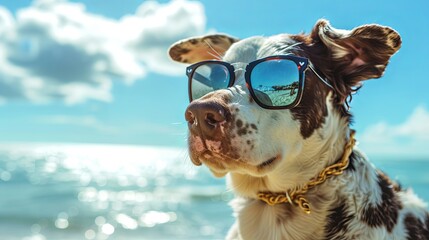 dog with sunglasses on the beach generative ai - obrazy, fototapety, plakaty