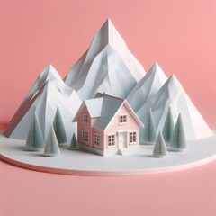 Cute little house in a winter snowy forest in mountains miniature isolated on a pastel pink background. Amazing landscape trendy composition. Beautiful 3D model. Wallpaper, for design and banners.