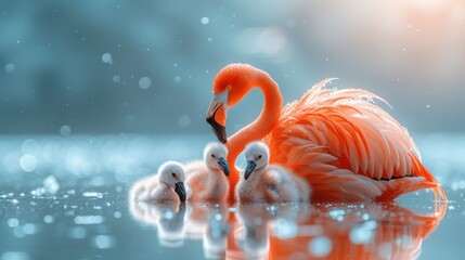 a group of flamingos standing on top of a body of water next to a group of baby flamingos.
