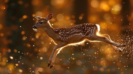a small deer jumping in the air with it's front legs spread out and it's eyes open.