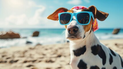 dog with sunglasses on the beach generative ai - obrazy, fototapety, plakaty