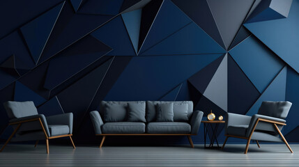 Dark blue triangle geometric wall in interior