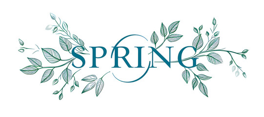 Banner with the inscription "Spring" with a pattern of leaves on a white background. Artistic, elegant illustration. Minimalistic logo in blue and green colors.