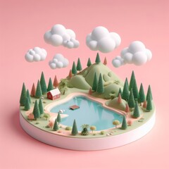 Cute little house near a lake in the forest miniature isolated on a pastel pink background. Amazing landscape trendy composition. Beautiful 3D model. Wide screen wallpaper, for design and banners.