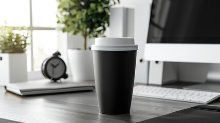Coffee cup on a bright office desk with contemporary workspace background.