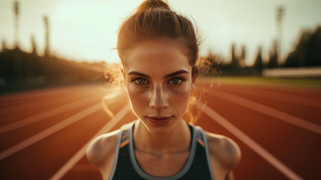 Closeup Headshot Of Young Fit Sporty Muscular Beautiful Caucasian Woman With Beautiful Eyes And Freckles On Running Track Outside After Training Looking At Camera