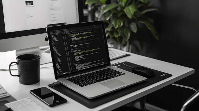 A minimalist programmer's workspace, laptop open with a sleek, modern coding interface for JavaScript and Python.