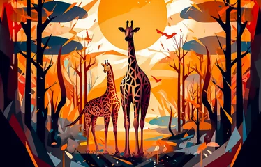 Raamstickers cartoon scene at the zoo featuring a graceful giraffe and its adorable baby © Алла Морозова