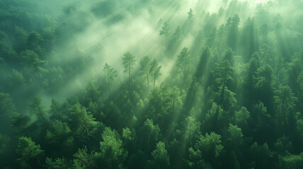 An aerial perspective of a mist-covered pine forest, with sunbeams breaking through at midday, casting dynamic shadows.