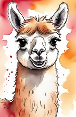 Watercolor baby lama alpaca. tropical animal vertical illustration in orange pastel background