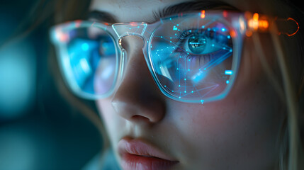 female Engineer designs AI technology with reflection on eyeglass lenses - obrazy, fototapety, plakaty