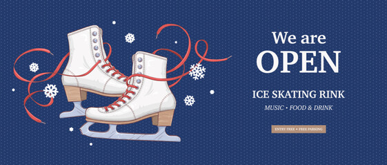 Fototapeta premium Ice skating rink flyer or horizontal promotion web banner design template. Hand drawn retro ice skate shoes and snowflakes on blue background. Vector illustration