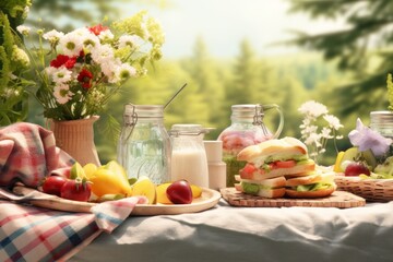 Spring picnic with a blanket, sandwiches, and fresh fruits