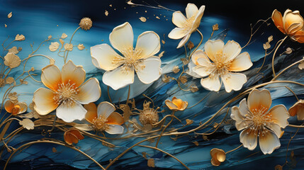 Abstract painting of blue flowers and swirl backgrounds