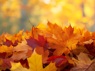 Fototapeta premium Maple tree in fall, leaves transitioning from green to fiery red, amidst a dense autumn forest.