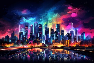 Fototapeta na wymiar Neon city skyline with a vibrant color palette