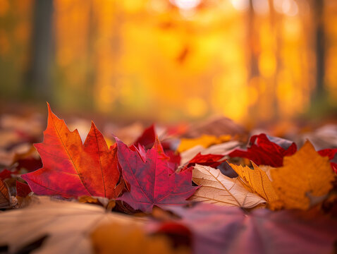 Maple tree in fall, leaves transitioning from green to fiery red, amidst a dense autumn forest.