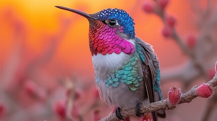 a colorful hummingbird perches on a branch in front of a red and yellow background with pink and blue flowers.