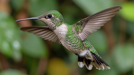 a hummingbird flapping its wings in front of a green leafy area in the foreground, with a blurry background of leaves and a single hummingbird in the foreground of the foreground.