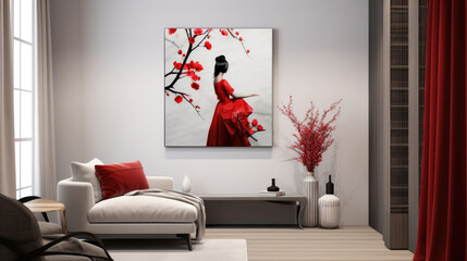 Space of living room with art woman in red kimono