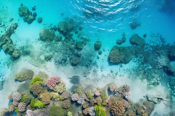 Overhead view of a vibrant coral reef under a clear ocean sky