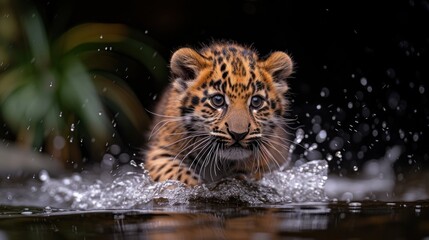 Fototapeta na wymiar a close up of a small tiger in a body of water with drops of water on it's face.