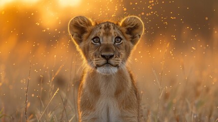 a close up of a lion cub in a field of tall grass with the sun shining through the grass behind it.