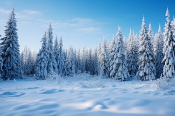 Snowy forest under a clear winter sky background with evergreen trees