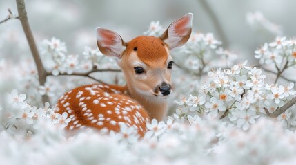 a close up of a small deer in a field of flowers with a blurry background of trees and flowers.