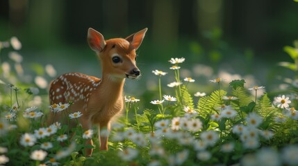 a small deer standing in the middle of a field of daisies and daisies with a forest in the background.
