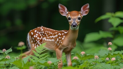 a small deer standing in the middle of a forest filled with tall grass and wildflowers, looking at the camera.