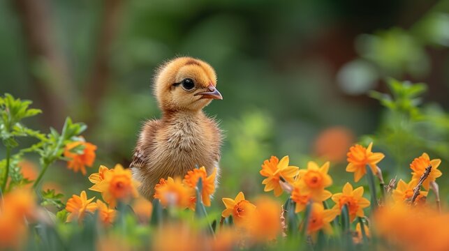 a small duck standing in the middle of a field of orange and yellow flowers with a blurry background of trees and bushes.