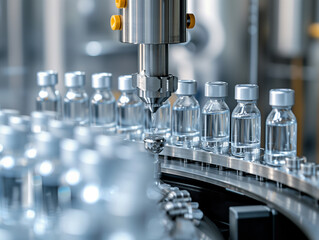 Pharmaceutical glass bottles on a production line, machinery capping the vials, foreground focused on the capping process, blurred workers in the background.