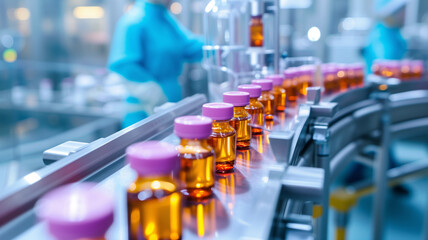 Pharmaceutical glass bottles on a production line, machinery capping the vials, foreground focused on the capping process, blurred workers in the background. - obrazy, fototapety, plakaty