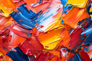 Dynamic abstract painting, bold brushstrokes, a riot of red, orange, blue, and yellow colors splashed across the canvas.