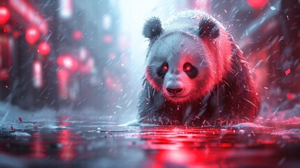 a panda bear is swimming in a pool of water with red light coming from it's eyes and it's head sticking out of the water.