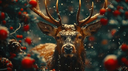 a close up of a deer with antlers on it's head in front of a christmas tree with red berries.