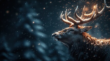 a close up of a deer with antlers on it's head and snow flakes on it's fur.