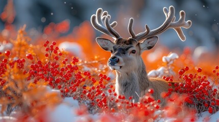a close up of a deer with antlers on it's head and red berries in the foreground.